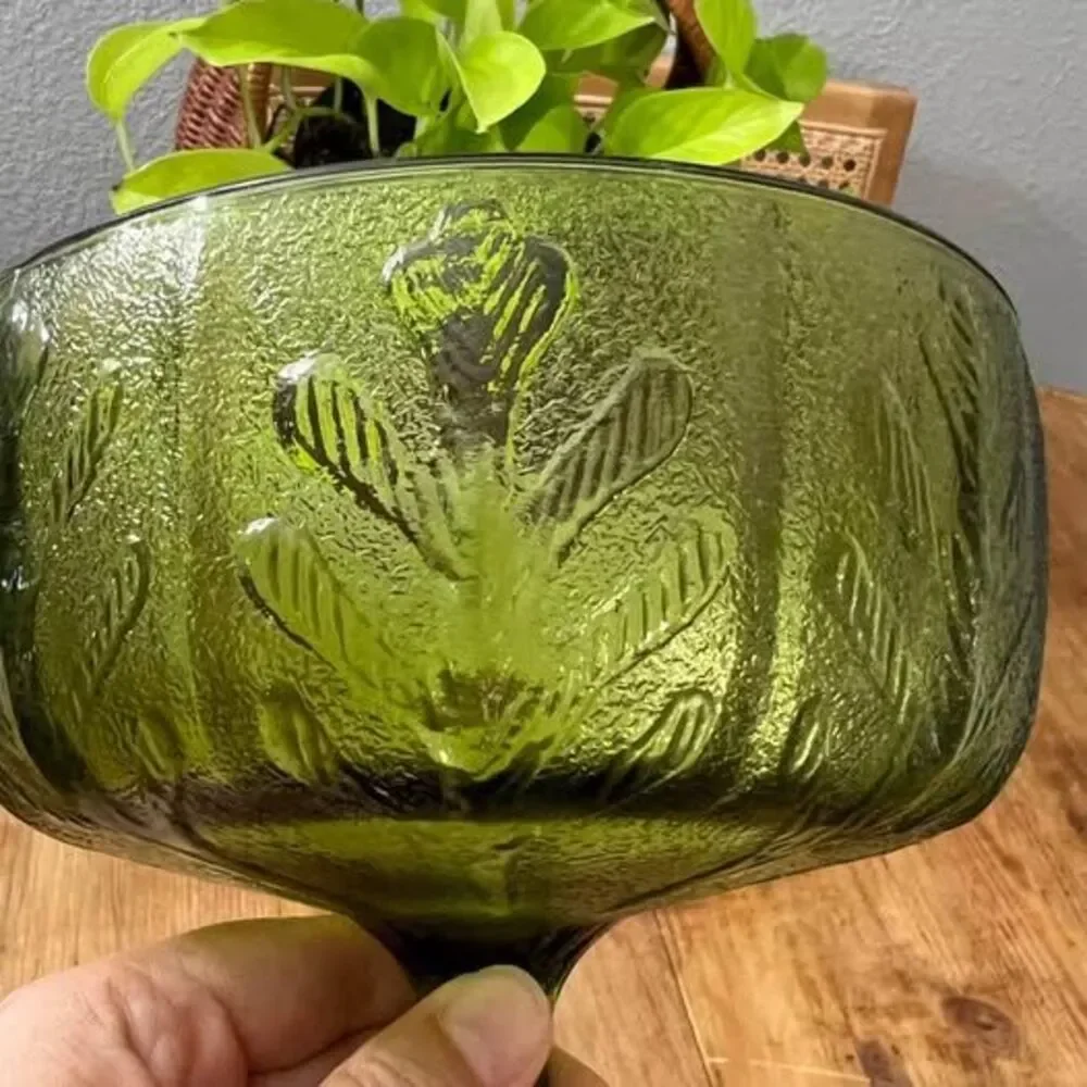 Indiana Glass Oak Leaf Green Design, Footed Bowl Circa 1975